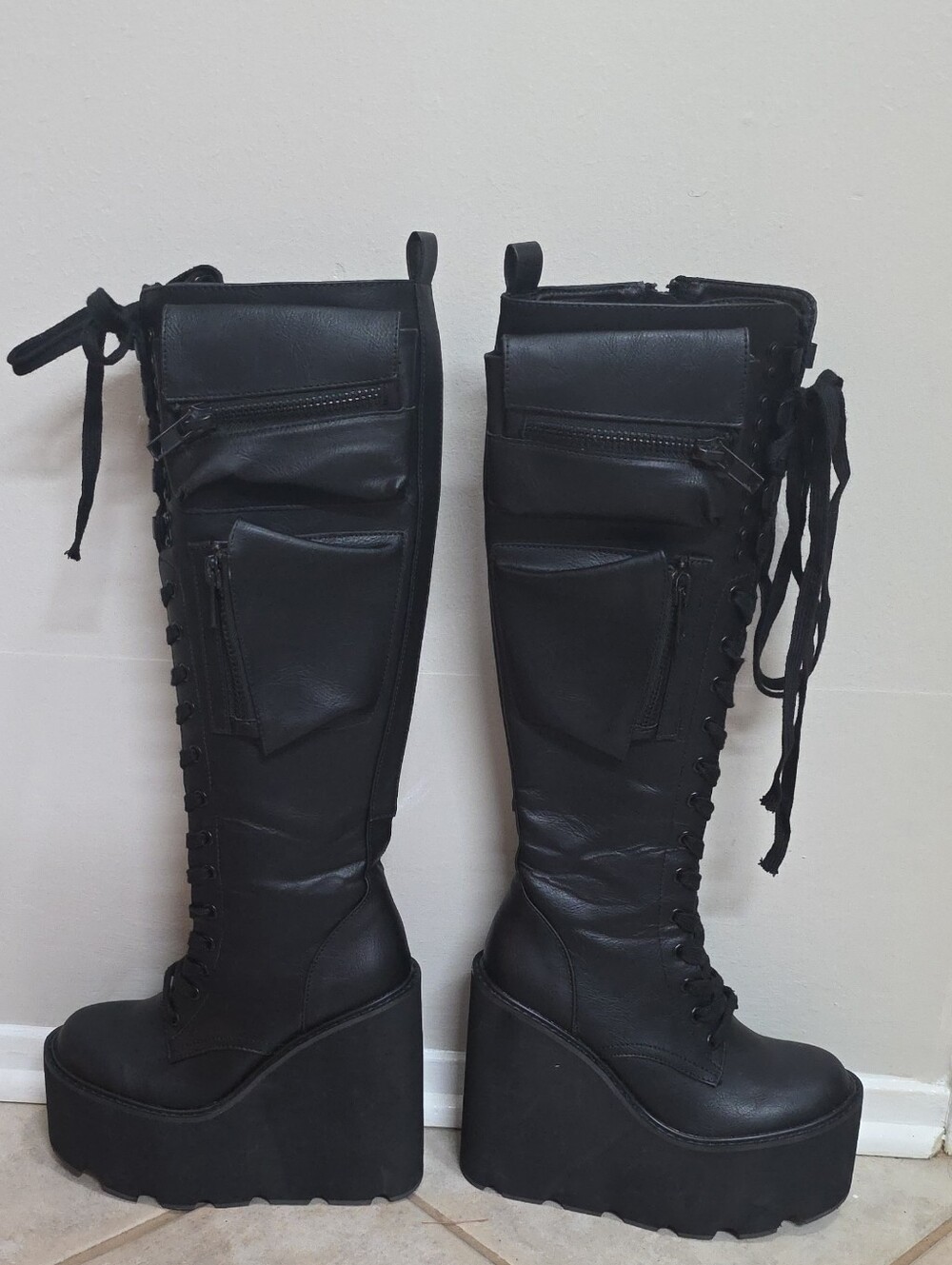 Dolls Kill Current Mood Platform Lace-Up Knee-High Boots Black Size 7 Goth Punk